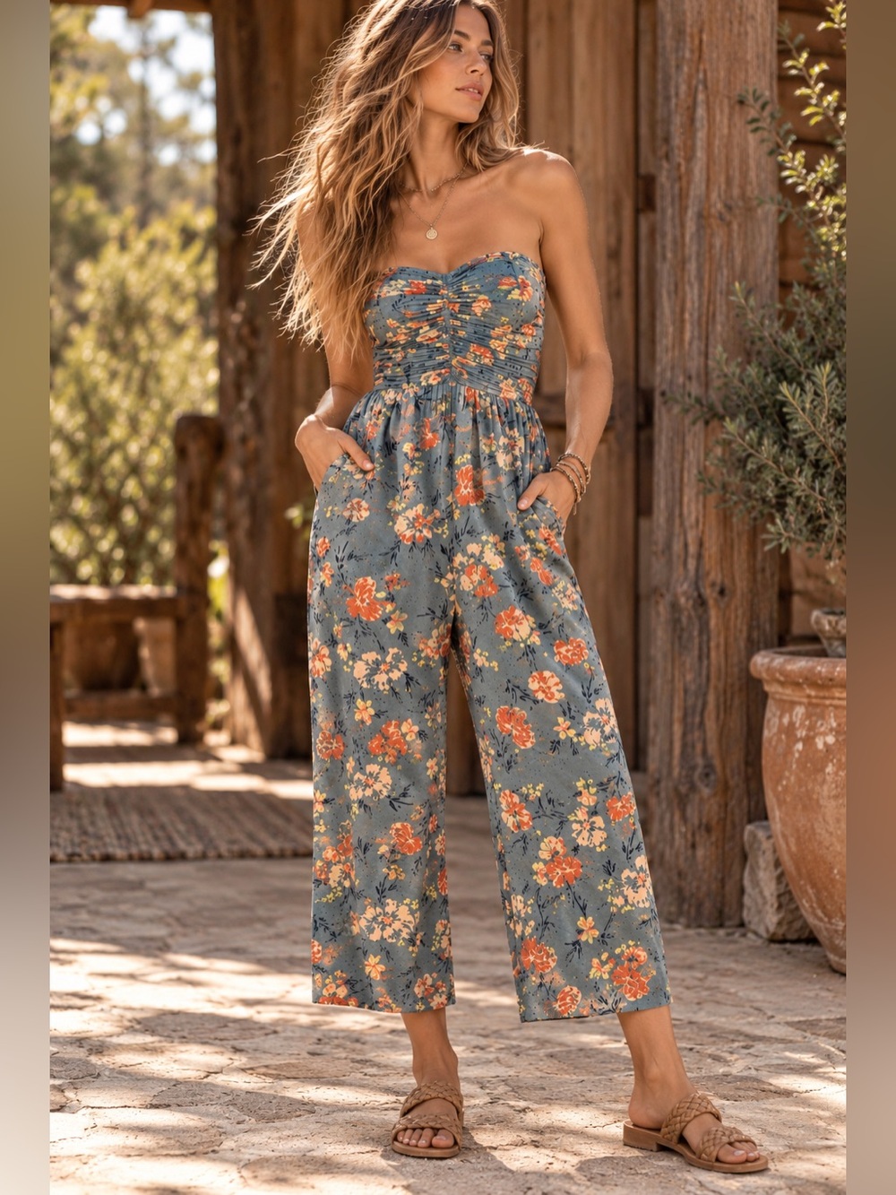 B.O.G Collective XS Floral Strapless Wide Leg Jumpsuit Blue Boho